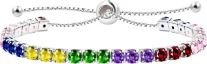 Platinum Box Chain Classic Tennis Adjustable Bracelet, Multi-colored Cubic Zirconia Women's Crystal Gem Bracelet-Hypoallergenic Bracelets