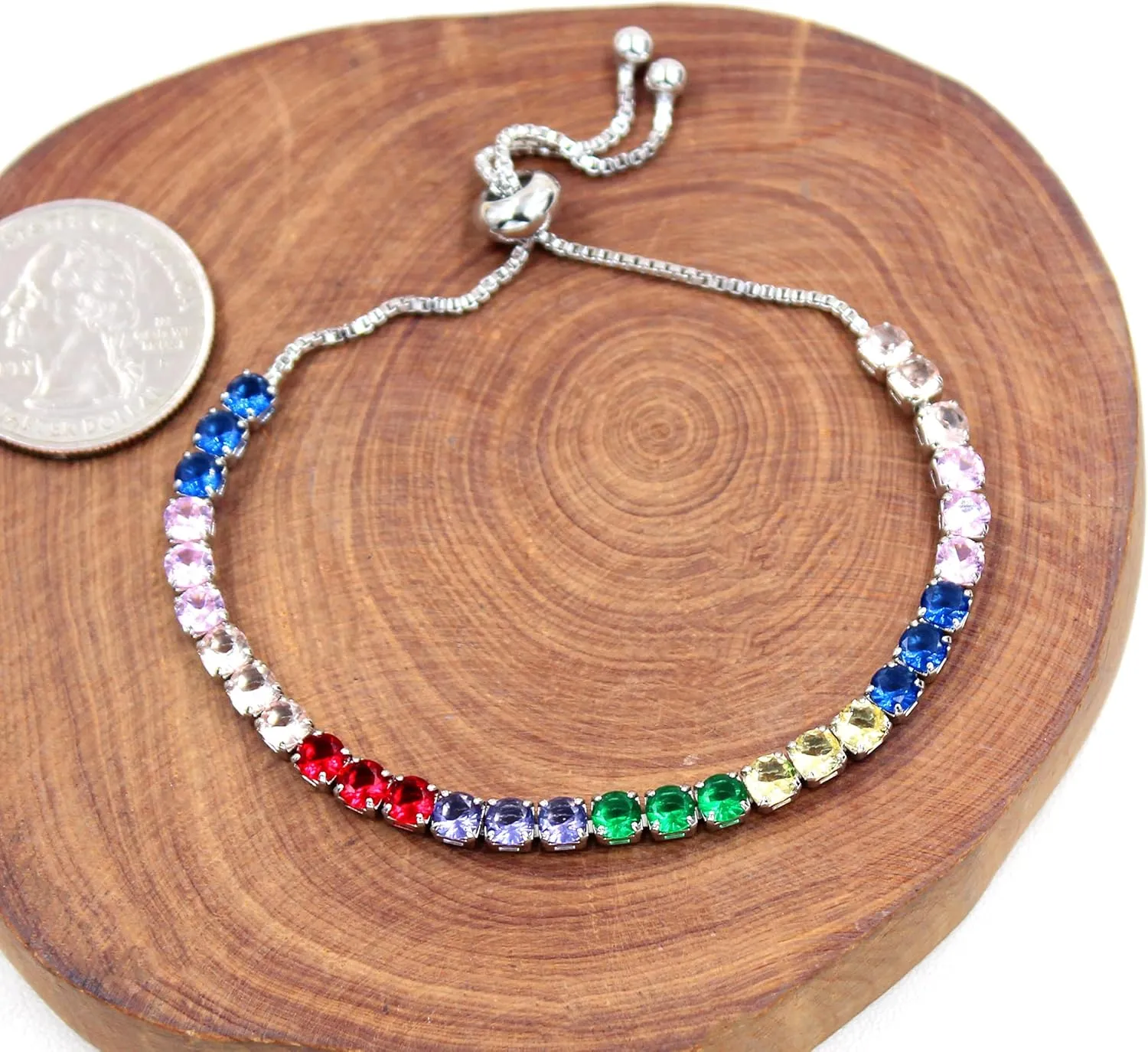 Platinum Box Chain Classic Tennis Adjustable Bracelet, Multi-colored Cubic Zirconia Women's Crystal Gem Bracelet-Hypoallergenic Bracelets