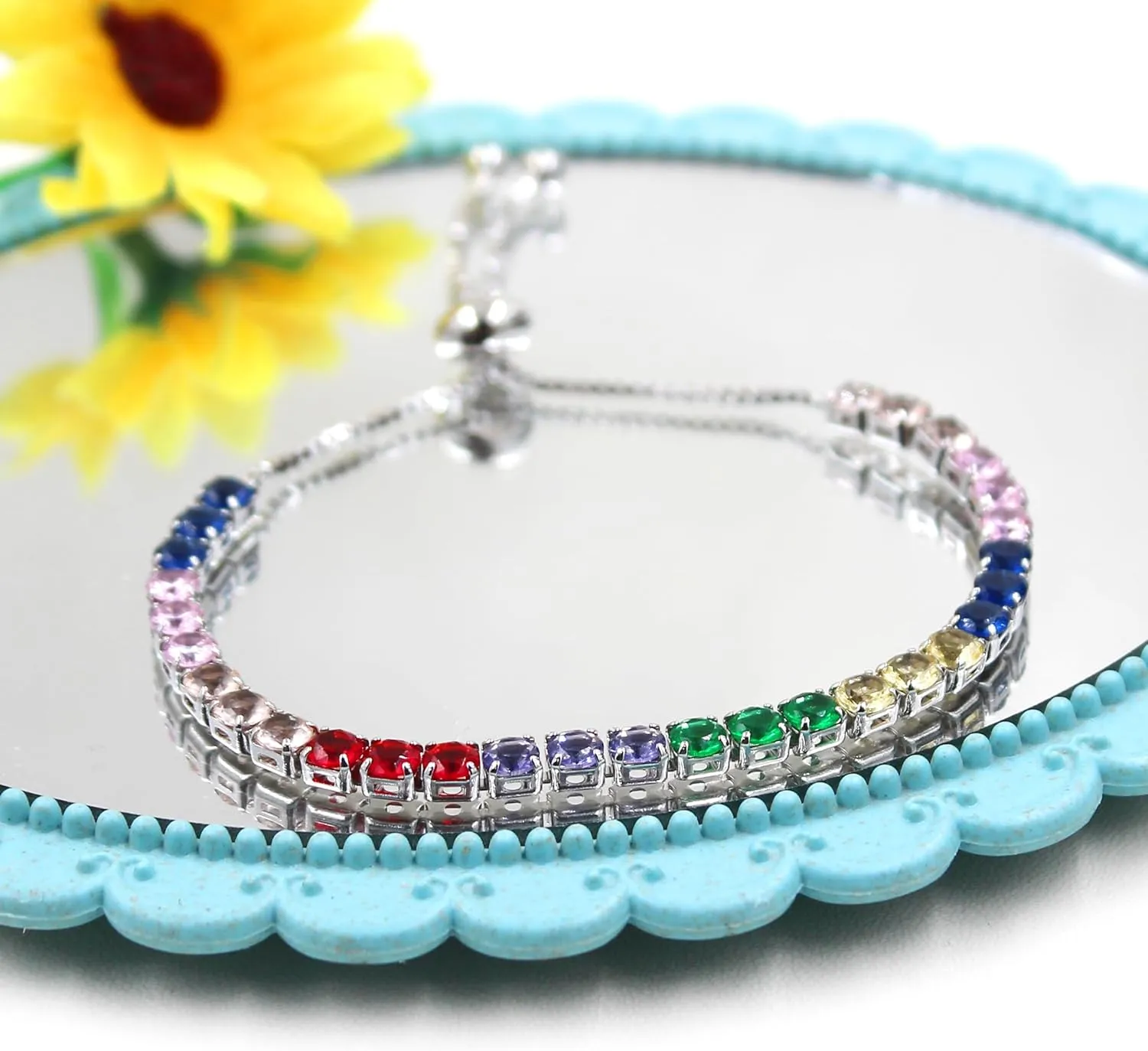 Platinum Box Chain Classic Tennis Adjustable Bracelet, Multi-colored Cubic Zirconia Women's Crystal Gem Bracelet-Hypoallergenic Bracelets