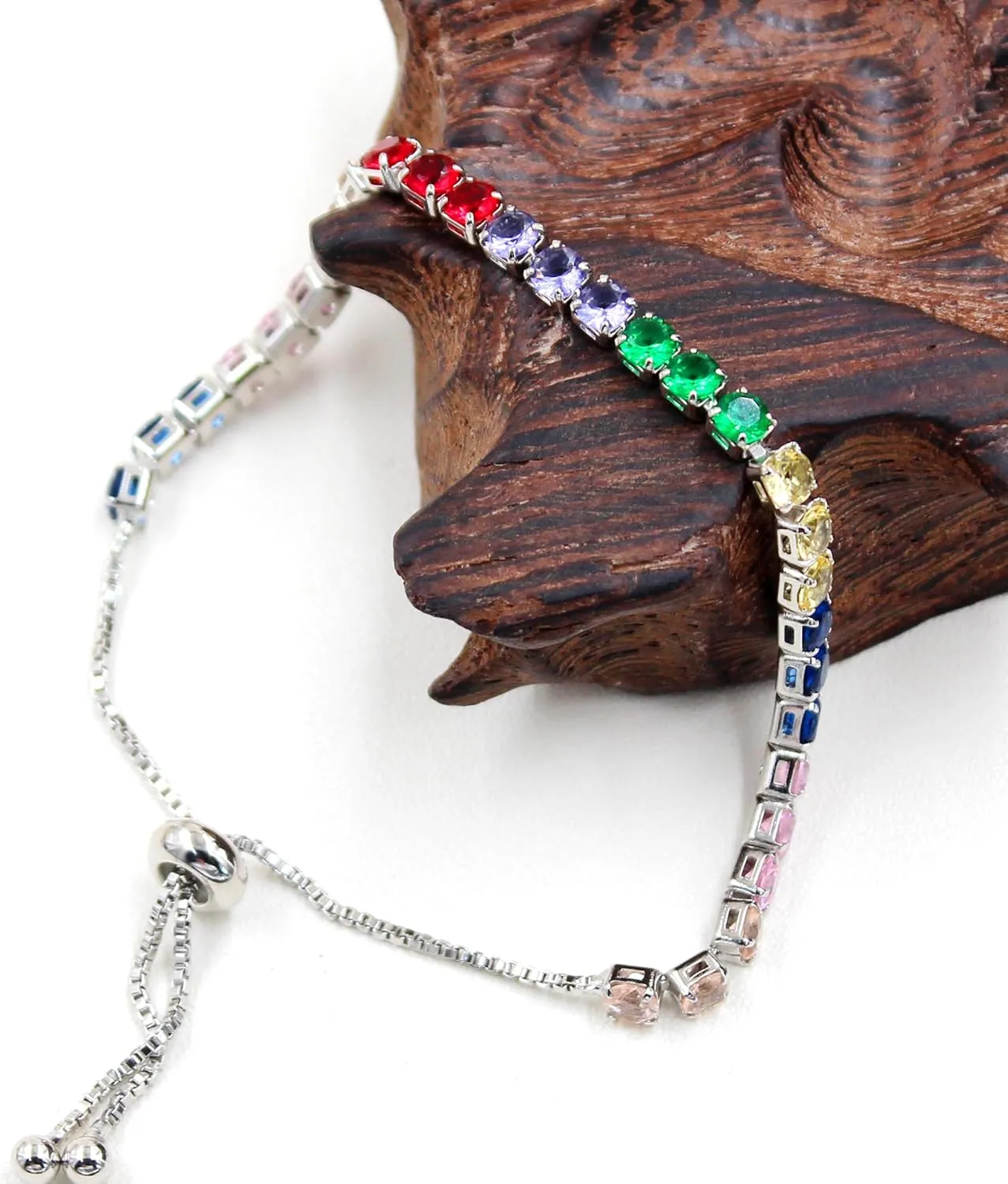 Platinum Box Chain Classic Tennis Adjustable Bracelet, Multi-colored Cubic Zirconia Women's Crystal Gem Bracelet-Hypoallergenic Bracelets