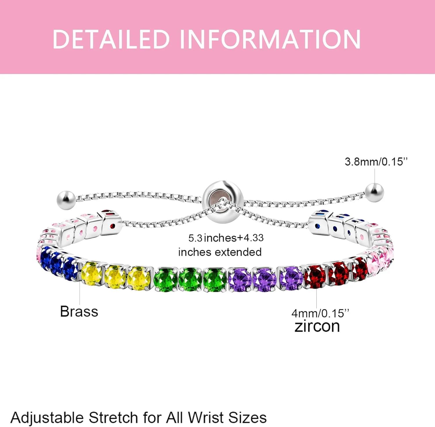 Platinum Box Chain Classic Tennis Adjustable Bracelet, Multi-colored Cubic Zirconia Women's Crystal Gem Bracelet-Hypoallergenic Bracelets