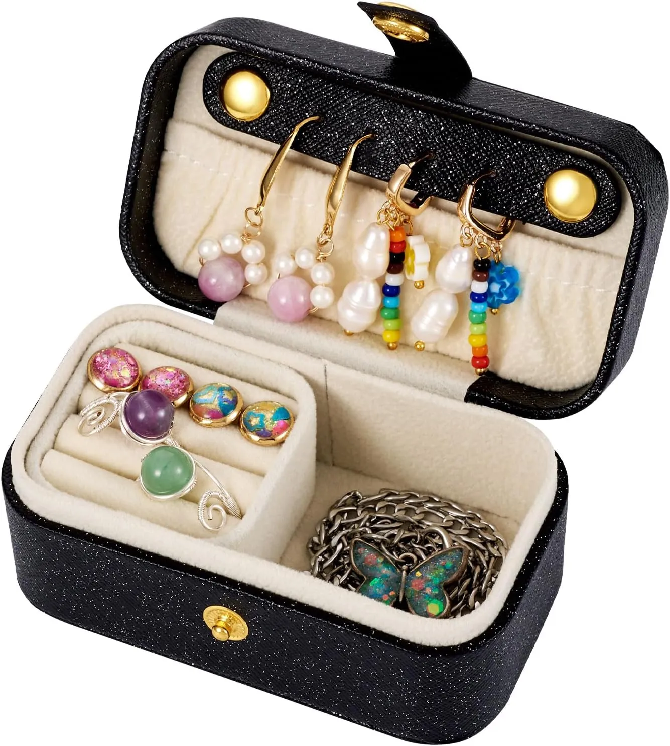 Portable Travel Jewelry Case Rectangle Small Jewelry Organizer Box PU Imitation Leather Jewelry Organizers and Storage for Women Rings Earrings Necklaces Black 9.4x5.8x5cm