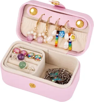 Portable Travel Jewelry Case Rectangle Small Jewelry Organizer Box PU Imitation Leather Jewelry Organizers and Storage for Women Rings Earrings Necklaces Pink 9.4x5.8x5cm
