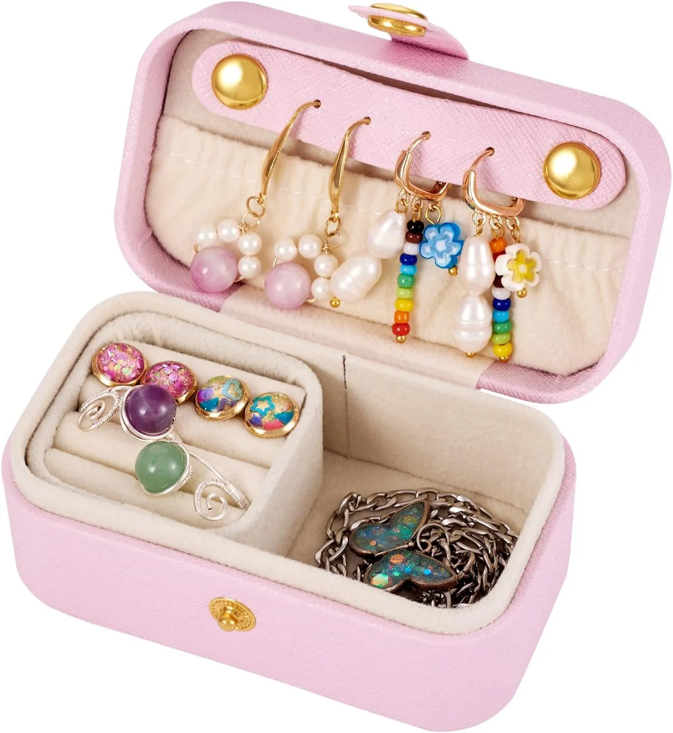 Portable Travel Jewelry Case Rectangle Small Jewelry Organizer Box PU Imitation Leather Jewelry Organizers and Storage for Women Rings Earrings Necklaces Pink 9.4x5.8x5cm