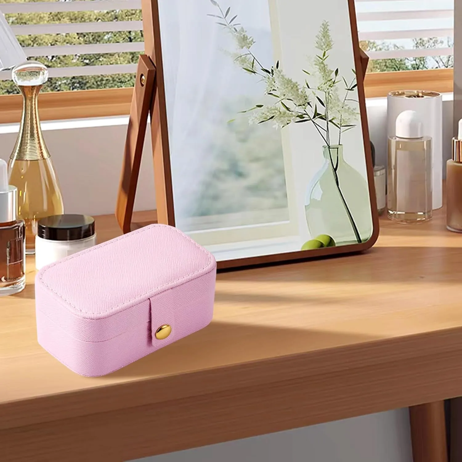 Portable Travel Jewelry Case Rectangle Small Jewelry Organizer Box PU Imitation Leather Jewelry Organizers and Storage for Women Rings Earrings Necklaces Pink 9.4x5.8x5cm