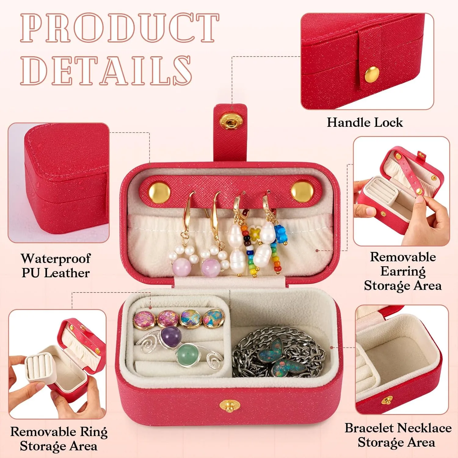 Portable Travel Jewelry Case Rectangle Small Jewelry Organizer Box PU Imitation Leather Jewelry Organizers and Storage for Women Rings Earrings Necklaces Red 9.4x5.8x5cm