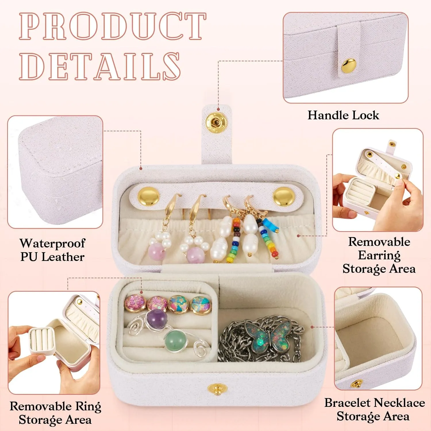 Portable Travel Jewelry Case Rectangle Small Jewelry Organizer Box PU Imitation Leather Jewelry Organizers and Storage for Women Rings Earrings Necklaces White 9.4x5.8x5cm