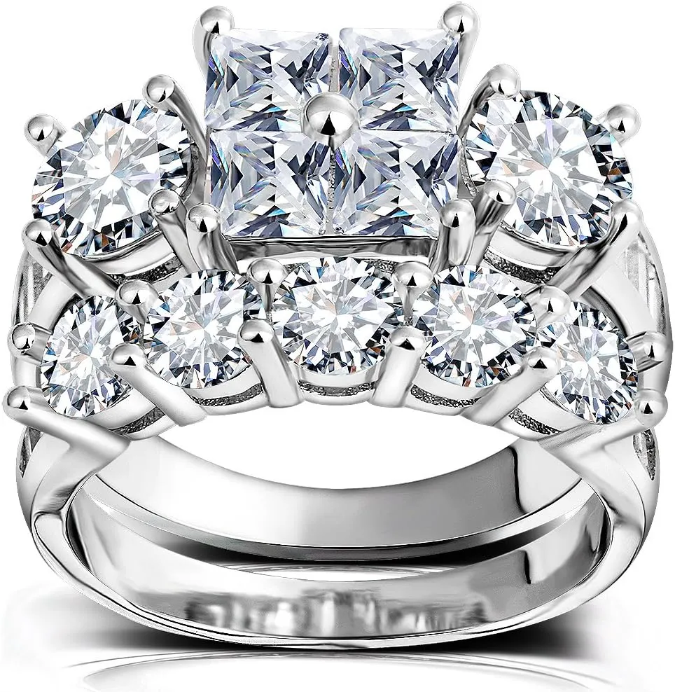Princess Wedding Rings for Women - Brilliant Cubic Zirconia Big Engagement Bridal Sets Size 5-11