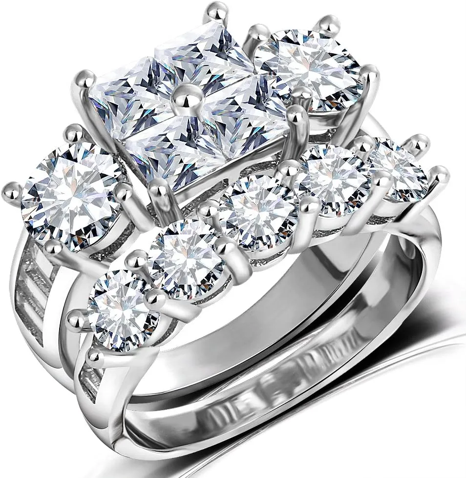Princess Wedding Rings for Women - Brilliant Cubic Zirconia Big Engagement Bridal Sets Size 5-11