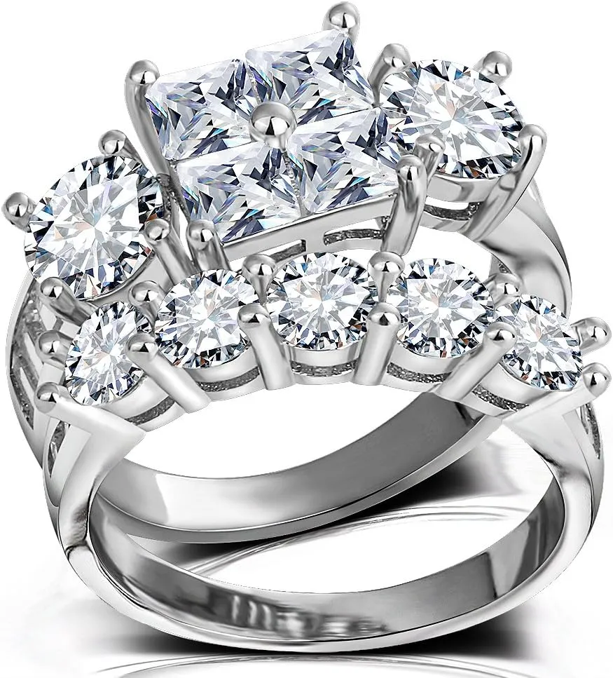 Princess Wedding Rings for Women - Brilliant Cubic Zirconia Big Engagement Bridal Sets Size 5-11