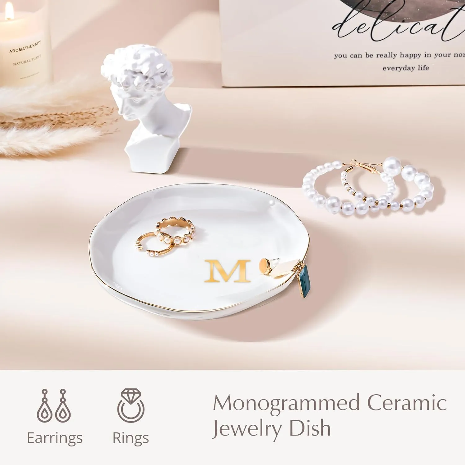 ProCase Ceramic Jewelry Tray, Initial Ring Dish Trinket Plate Engagement Gift, Small Personalized Monogram Ring Bowl for Wedding, White Decorative Jewelry Holder for Women Vanity -Letter M