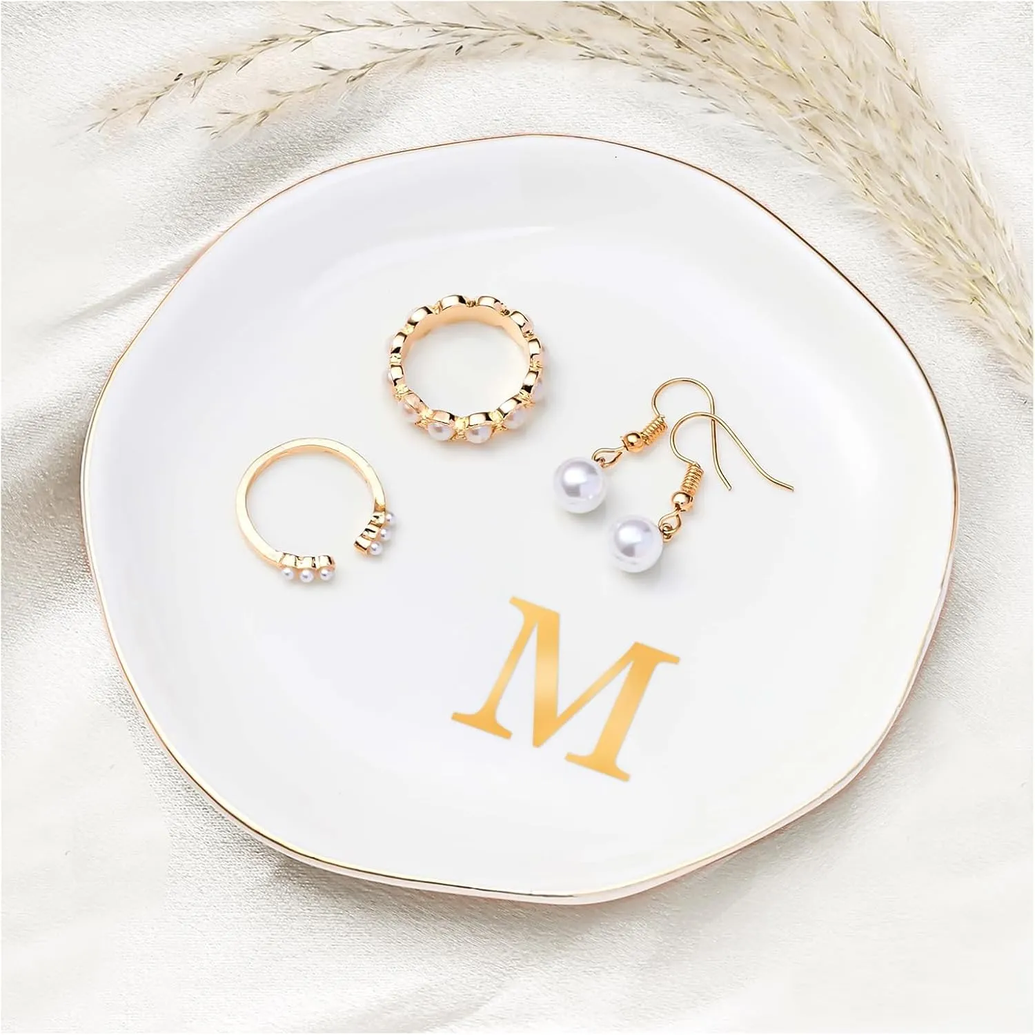ProCase Ceramic Jewelry Tray, Initial Ring Dish Trinket Plate Engagement Gift, Small Personalized Monogram Ring Bowl for Wedding, White Decorative Jewelry Holder for Women Vanity -Letter M