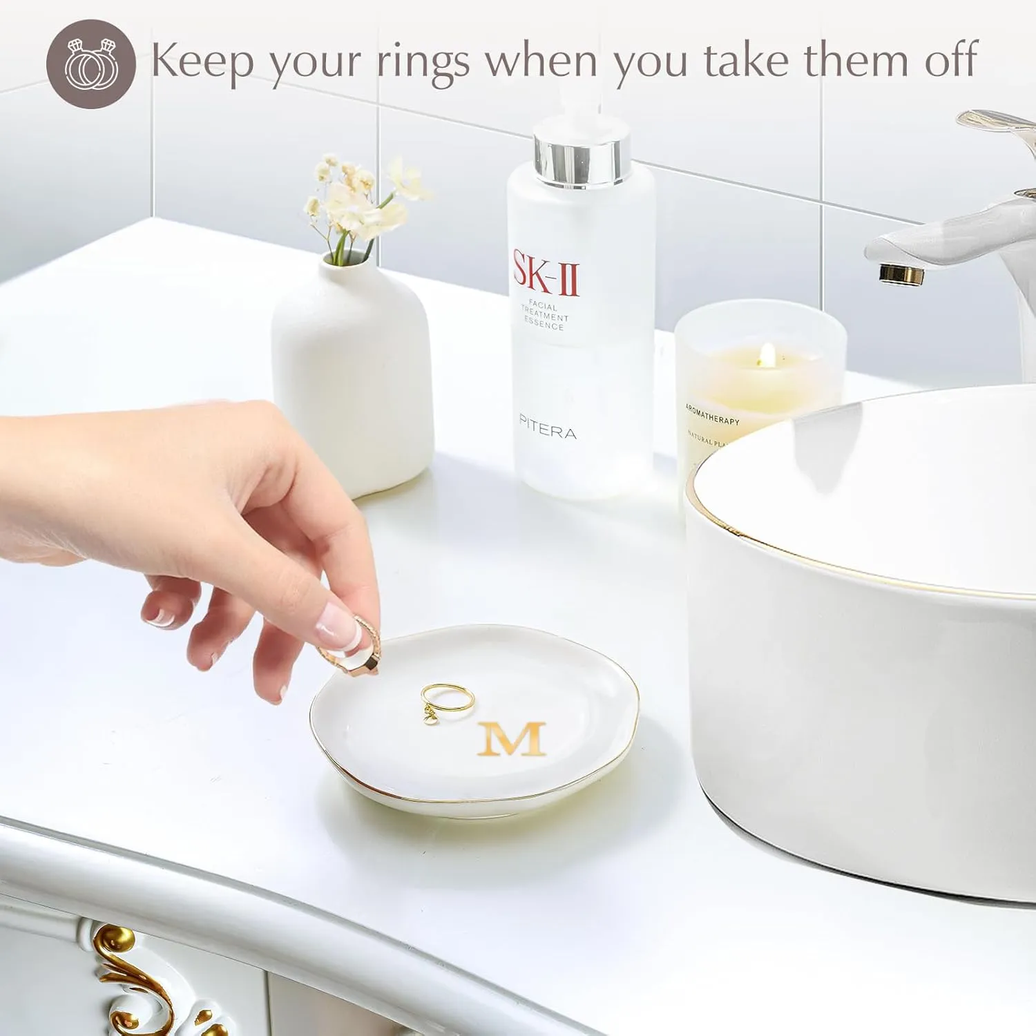 ProCase Ceramic Jewelry Tray, Initial Ring Dish Trinket Plate Engagement Gift, Small Personalized Monogram Ring Bowl for Wedding, White Decorative Jewelry Holder for Women Vanity -Letter M