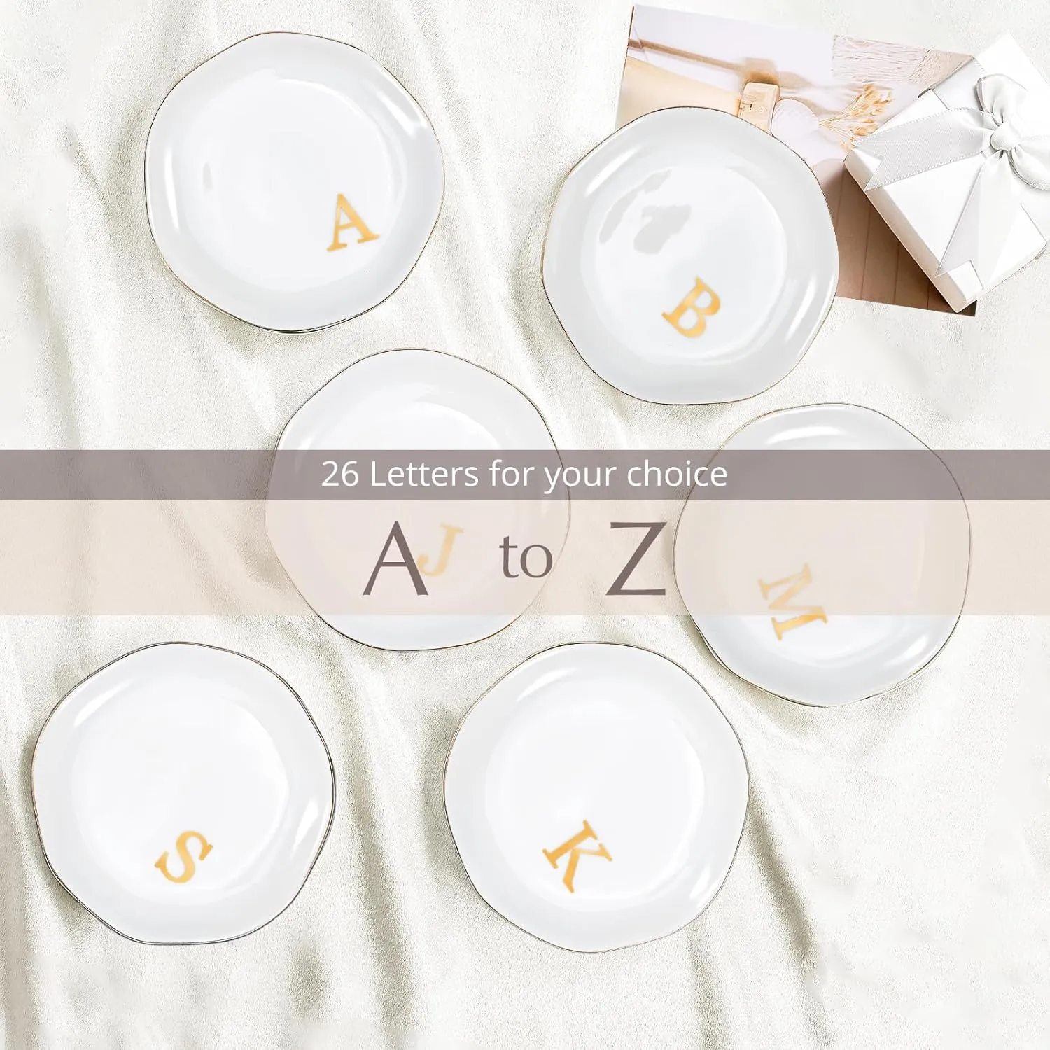 ProCase Ceramic Jewelry Tray, Initial Ring Dish Trinket Plate Engagement Gift, Small Personalized Monogram Ring Bowl for Wedding, White Decorative Jewelry Holder for Women Vanity -Letter M