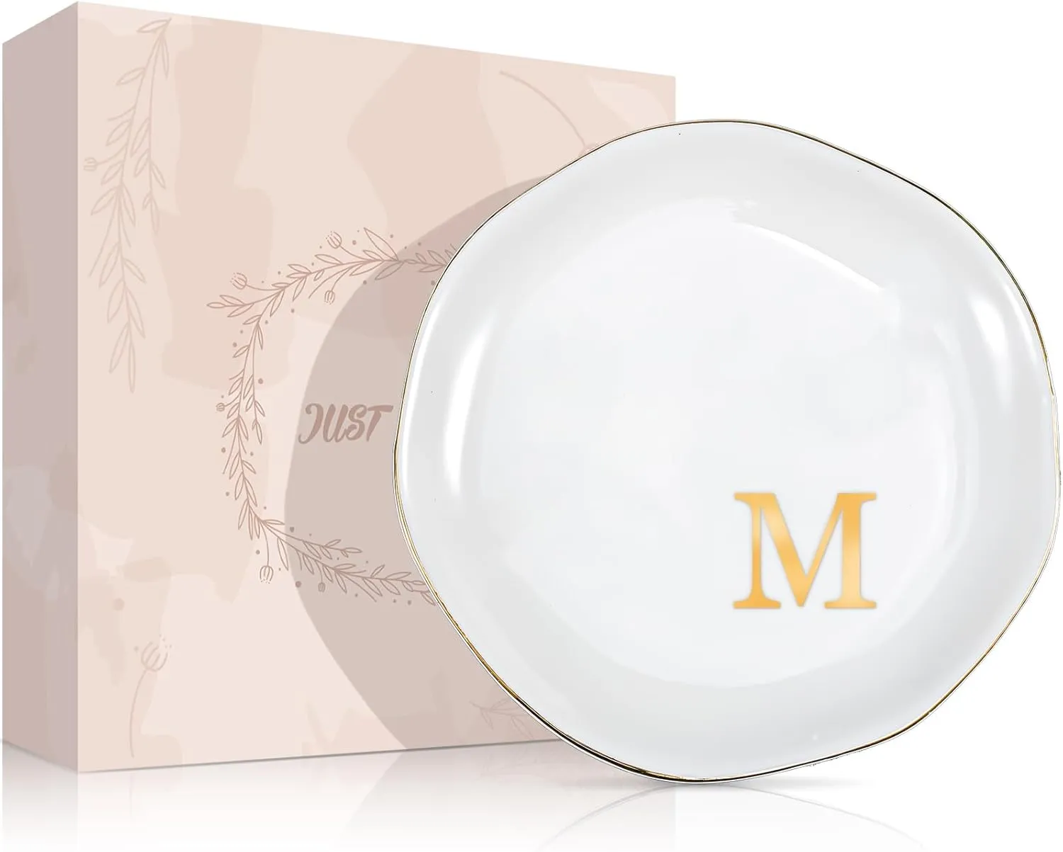 ProCase Ceramic Jewelry Tray, Initial Ring Dish Trinket Plate Engagement Gift, Small Personalized Monogram Ring Bowl for Wedding, White Decorative Jewelry Holder for Women Vanity -Letter M