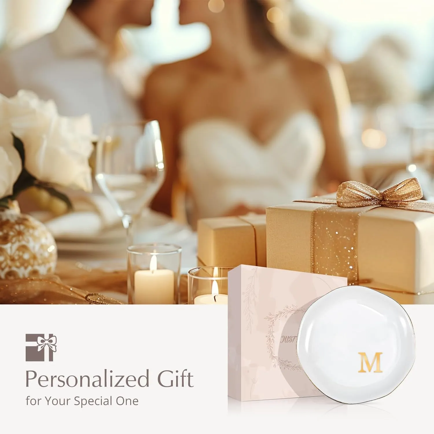 ProCase Ceramic Jewelry Tray, Initial Ring Dish Trinket Plate Engagement Gift, Small Personalized Monogram Ring Bowl for Wedding, White Decorative Jewelry Holder for Women Vanity -Letter M