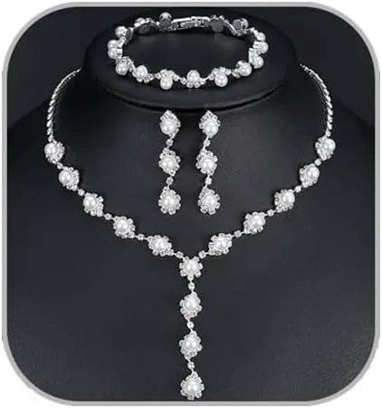 Prom Jewelry Set Silver Necklaces Bracelet Earrings for Women Crystal Rhinestone Prom Wedding Jewelry Set Bridal Bridesmaid Prom Costume Accessories for Women