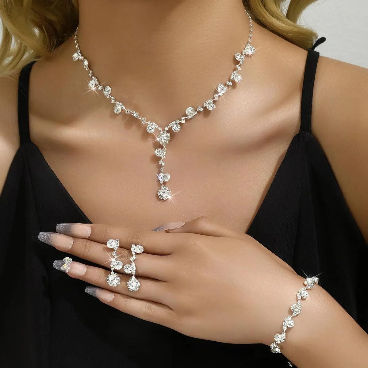 Prom Jewelry Set Silver Necklaces Bracelet Earrings for Women Crystal Rhinestone Prom Wedding Jewelry Set Bridal Bridesmaid Prom Costume Accessories for Women
