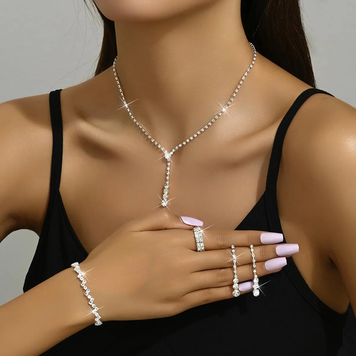 Prom Jewelry Set Silver Necklaces Bracelet Earrings for Women Crystal Rhinestone Prom Wedding Jewelry Set Bridal Bridesmaid Prom Costume Accessories for Women