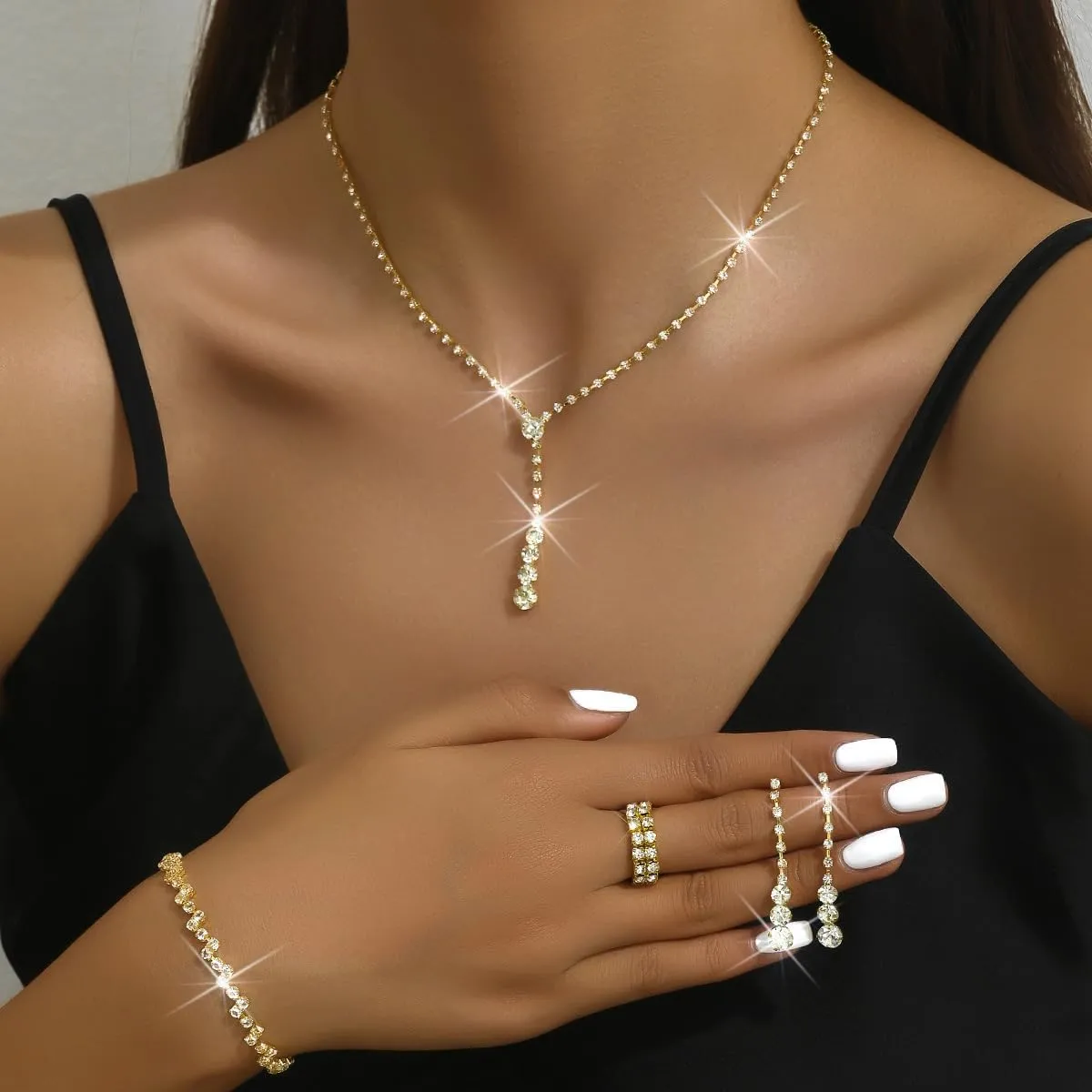 Prom Jewelry Set Silver Necklaces Bracelet Earrings for Women Crystal Rhinestone Prom Wedding Jewelry Set Bridal Bridesmaid Prom Costume Accessories for Women