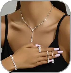 Prom Jewelry Set Silver Necklaces Bracelet Earrings for Women Crystal Rhinestone Prom Wedding Jewelry Set Bridal Bridesmaid Prom Costume Accessories for Women