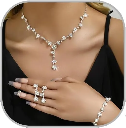 Prom Jewelry Set Silver Necklaces Bracelet Earrings for Women Crystal Rhinestone Prom Wedding Jewelry Set Bridal Bridesmaid Prom Costume Accessories for Women
