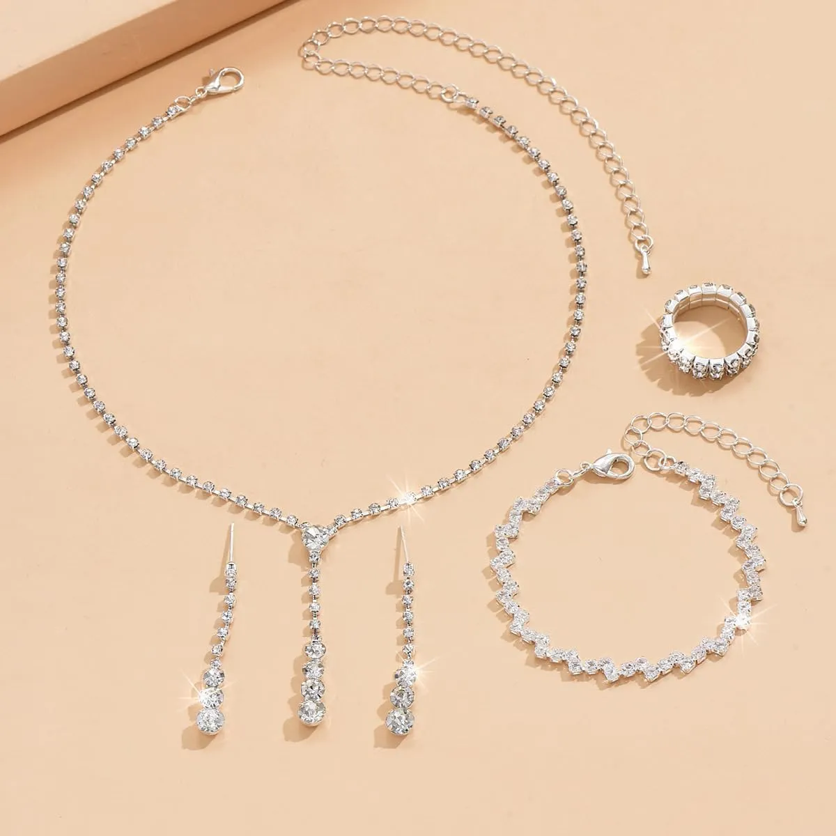 Prom Jewelry Set Silver Necklaces Bracelet Earrings for Women Crystal Rhinestone Prom Wedding Jewelry Set Bridal Bridesmaid Prom Costume Accessories for Women