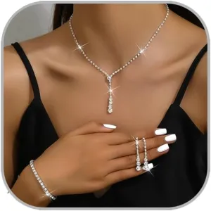 Prom Jewelry Set Silver Necklaces Bracelet Earrings for Women Crystal Rhinestone Prom Wedding Jewelry Set Bridal Bridesmaid Prom Costume Accessories for Women