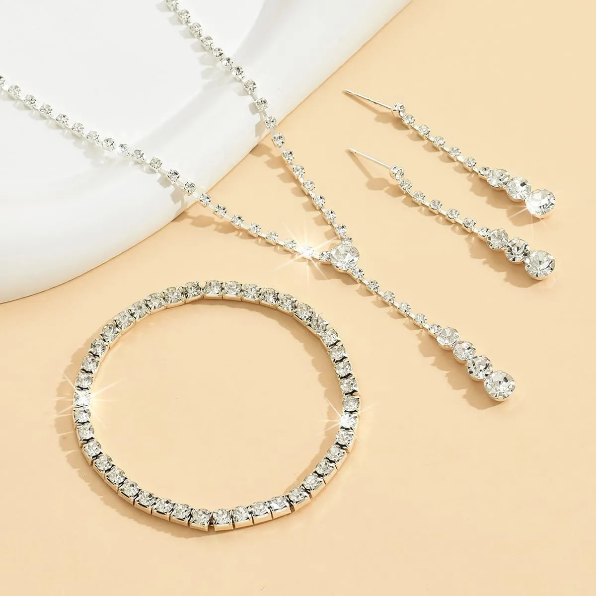 Prom Jewelry Set Silver Necklaces Bracelet Earrings for Women Crystal Rhinestone Prom Wedding Jewelry Set Bridal Bridesmaid Prom Costume Accessories for Women