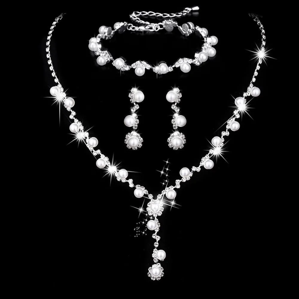 Prom Jewelry Set Silver Necklaces Bracelet Earrings for Women Crystal Rhinestone Prom Wedding Jewelry Set Bridal Bridesmaid Prom Costume Accessories for Women