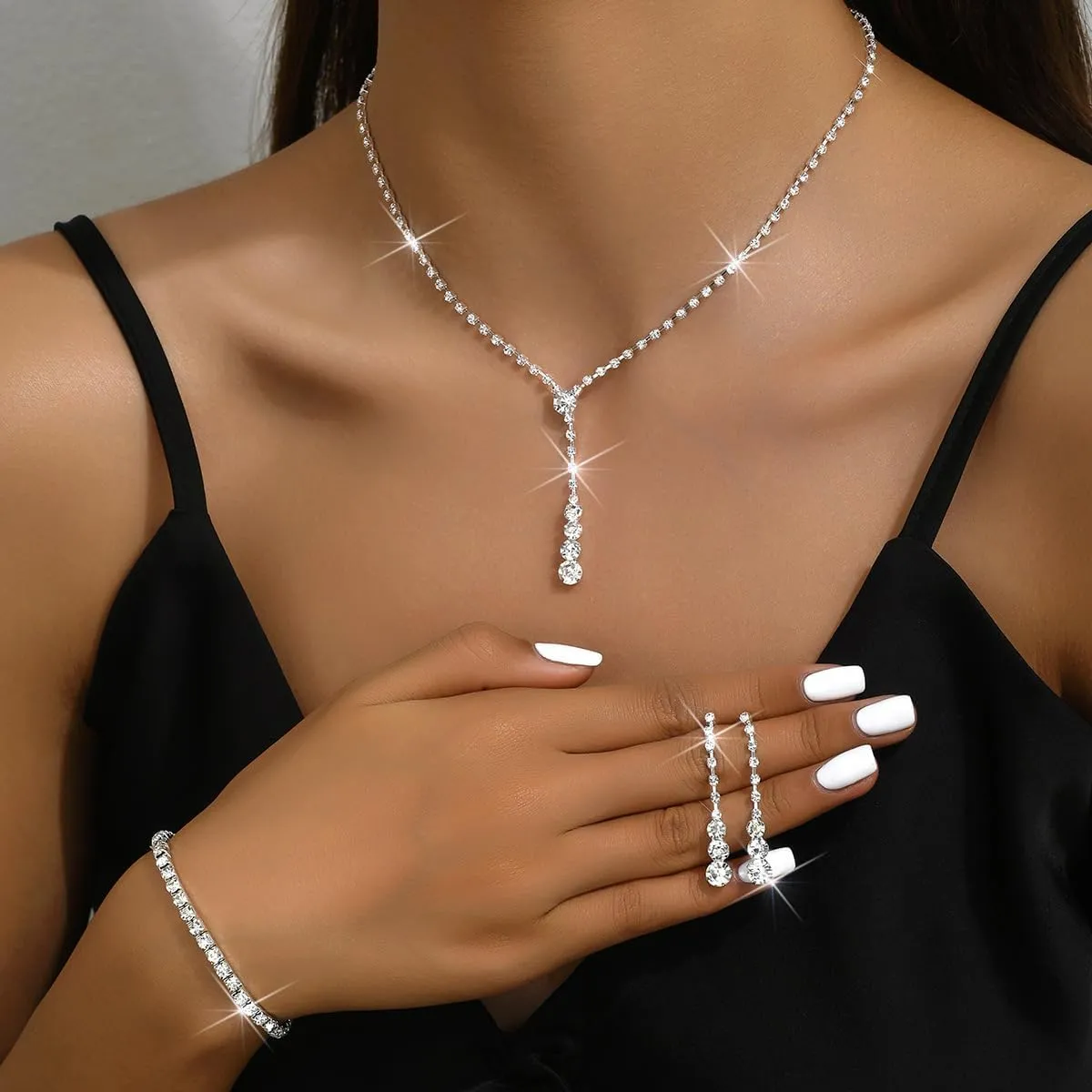 Prom Jewelry Set Silver Necklaces Bracelet Earrings for Women Crystal Rhinestone Prom Wedding Jewelry Set Bridal Bridesmaid Prom Costume Accessories for Women