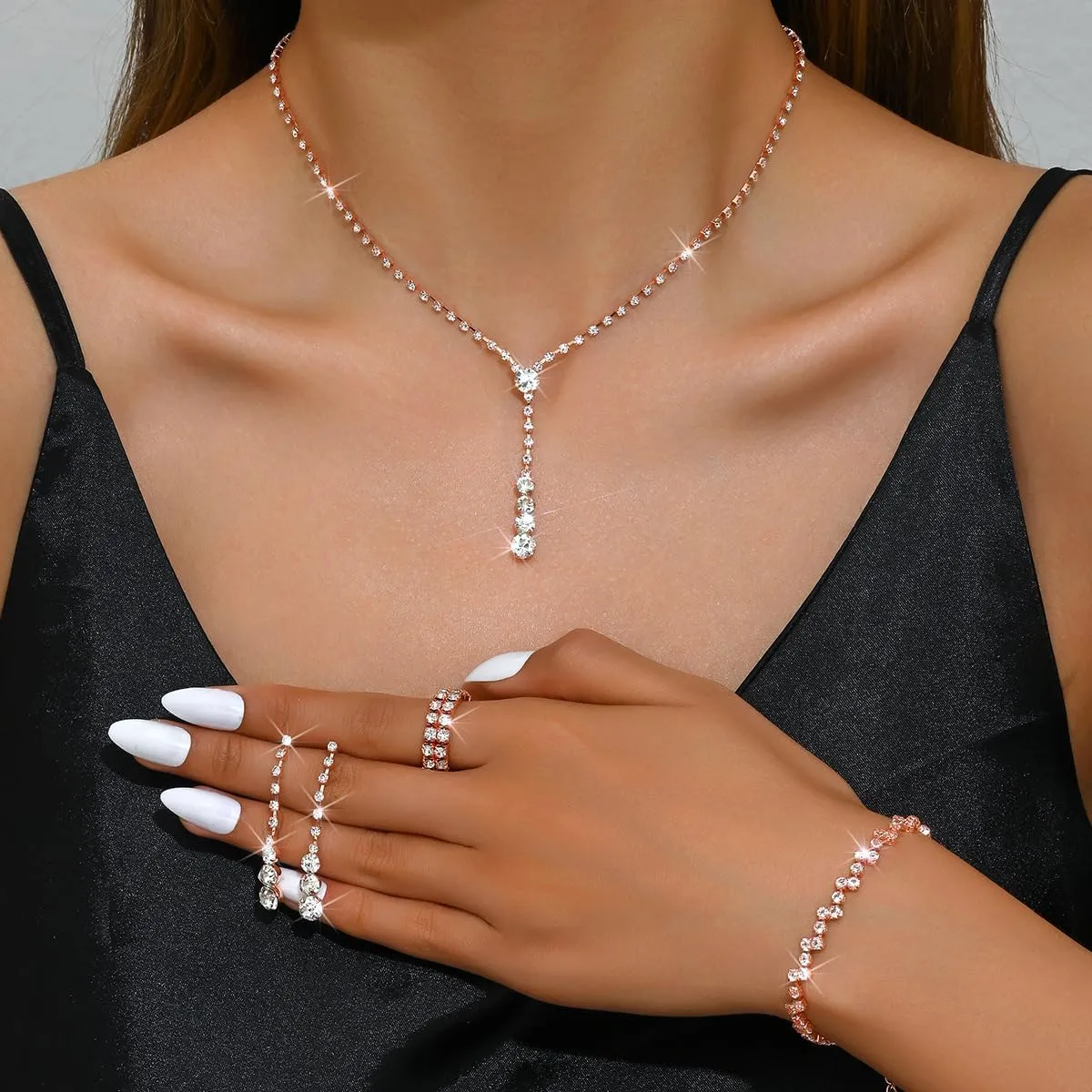 Prom Jewelry Set Silver Necklaces Bracelet Earrings for Women Crystal Rhinestone Prom Wedding Jewelry Set Bridal Bridesmaid Prom Costume Accessories for Women