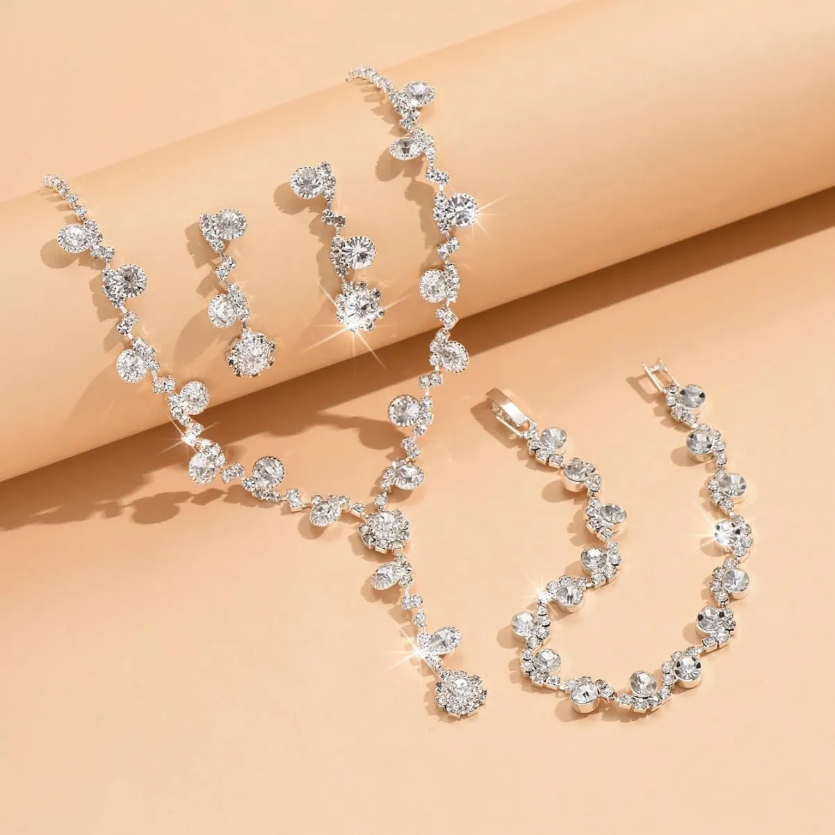 Prom Jewelry Set Silver Necklaces Bracelet Earrings for Women Crystal Rhinestone Prom Wedding Jewelry Set Bridal Bridesmaid Prom Costume Accessories for Women