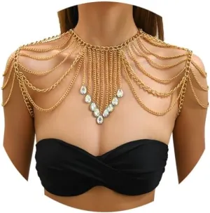 Punk Metal Shoulder Chain Necklace Jewelry Sexy Crystal Tassel Arm Chain Bridal Wedding Multi-layered Shoulder Body Chain Bikini Back Chain Jewelry for Women