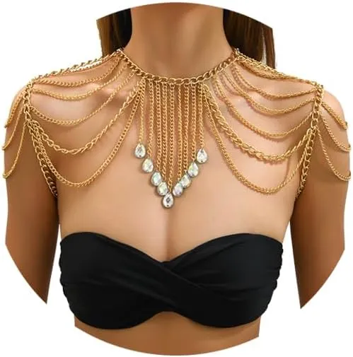 Punk Metal Shoulder Chain Necklace Jewelry Sexy Crystal Tassel Arm Chain Bridal Wedding Multi-layered Shoulder Body Chain Bikini Back Chain Jewelry for Women