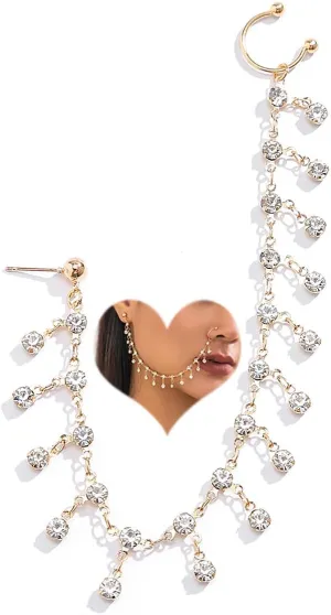 Punk Rhinestone Nose Rings Chain Non Piercing Fake Septum Nose Hoop Ring Indian Belly Dance Party Nose to Ear Chain for Women and Girls