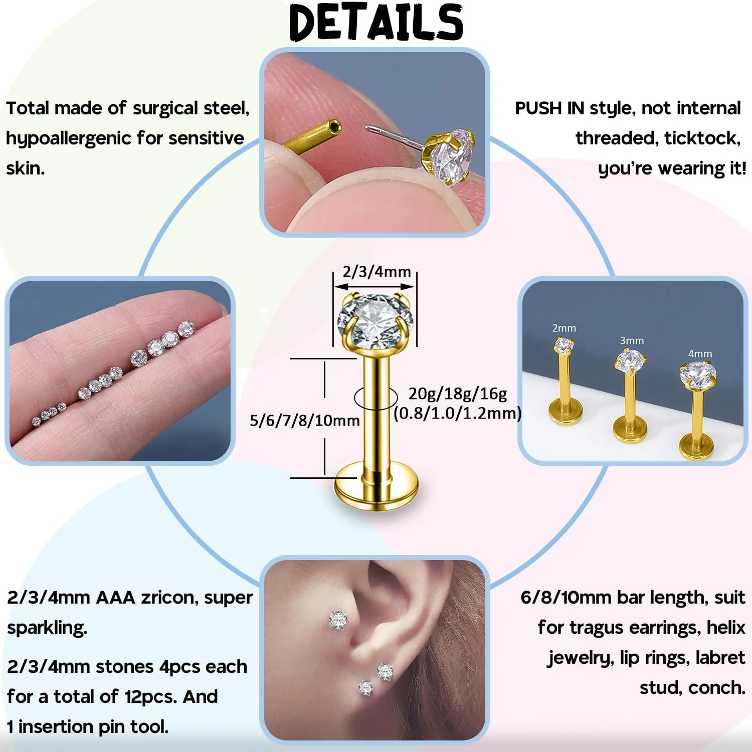 PunkTracker 13Pcs 20G/18G/16G Flat Back Earrings Stud 316L Surgical Stainless Steel Threadless Push in Nose Stud Tragus Helix Lip Medusa Piercing Jewelry