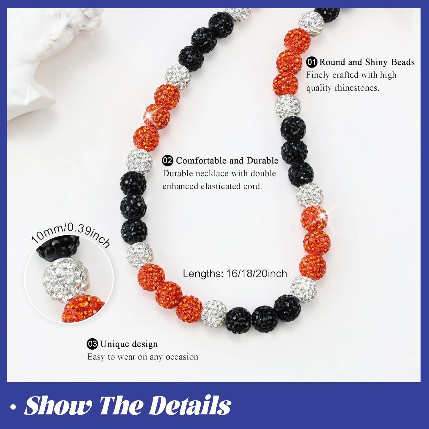 QINJIEJIE 16in/18in Baseball NecklaceBaseball Beaded Chain Necklace for Men Women BaseballerDiamond Rhinestone Discoball Baseball Dirp Accessories Necklace Gifts for Baseball Team Lovers