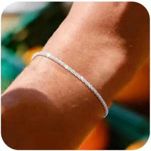 QLKILYR Silver Link Bracelet for Women, 14K White Gold Plated Hypoallergenic Lightweight Cute Sparkle Chain Bracelet, Small Adjustable Shiny Simple Bracelet