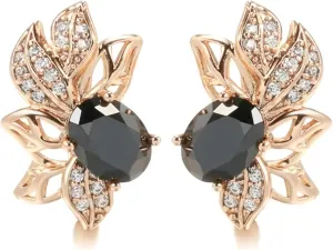 QueenBee 18K Gold Plated Floral Hoop Earrings  Black CZ Crystal & Sparkling Zirconia, Hypoallergenic Vintage Leaf Earrings for Women  Jewelry Gift for Birthdays, Mothers Day & Holidays