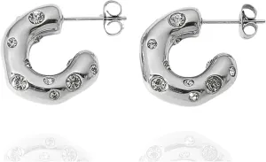 QueenBee Silver and 18K Gold-Plated Zirconia Studded C Shaped Hoop Earrings for Women, Puffy Chunky Curved Hoops, Trendy Modern Bubble Silver and Gold Statement Earrings, Jewelry Gift for Birthdays, Mother's Day, Holidays