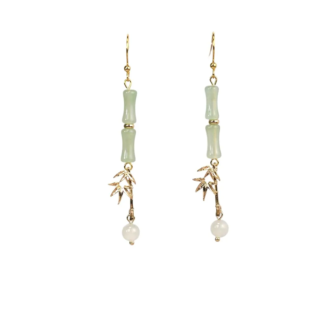 RainDesigns Handmade Natural Jade Bamboo Leaf Dangle Earrings Plant Leaf Fun 14K Gold Plated Jewerly Gift for Women Girl