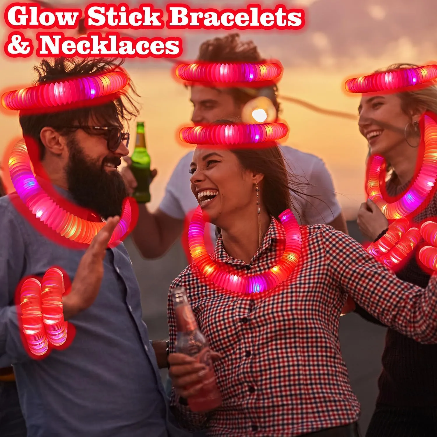 Red Glow Sticks Party Favors for Kids 24 PCS,LED Light up Pop Tubes for Toddlers, Neon Necklaces Bracelets Accessories, Glow Birthday Wedding Dance Party Supplies Camping Toys Decorations