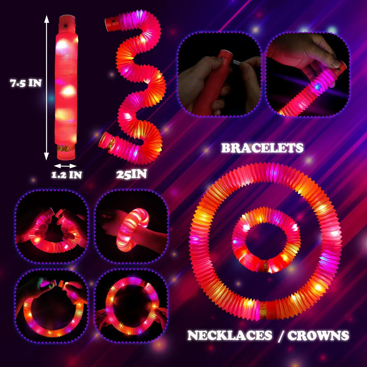 Red Glow Sticks Party Favors for Kids 24 PCS,LED Light up Pop Tubes for Toddlers, Neon Necklaces Bracelets Accessories, Glow Birthday Wedding Dance Party Supplies Camping Toys Decorations