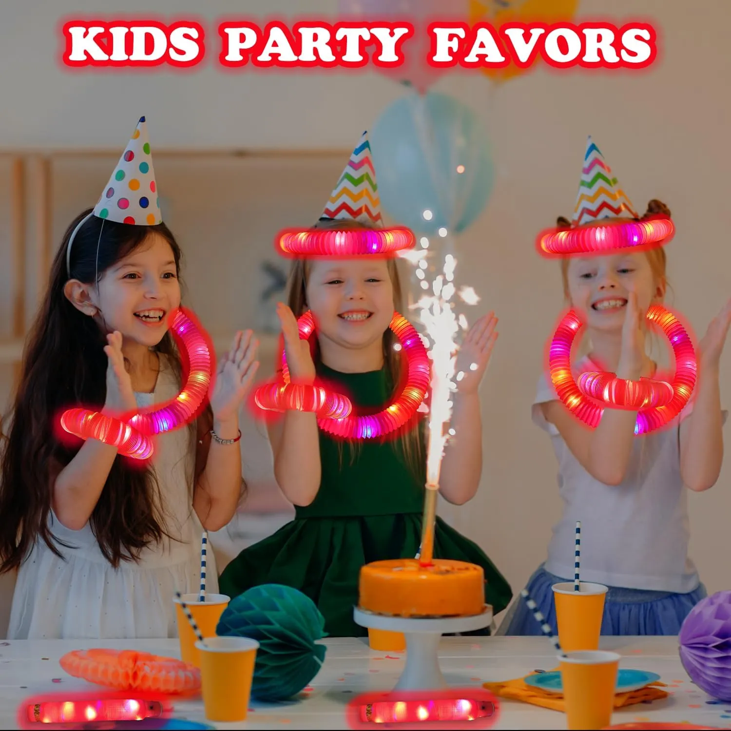 Red Glow Sticks Party Favors for Kids 24 PCS,LED Light up Pop Tubes for Toddlers, Neon Necklaces Bracelets Accessories, Glow Birthday Wedding Dance Party Supplies Camping Toys Decorations