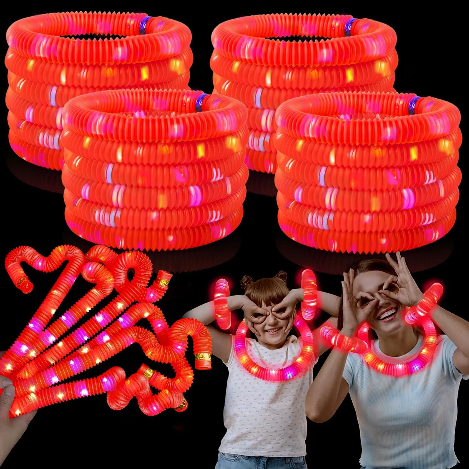 Red Glow Sticks Party Favors for Kids 24 PCS,LED Light up Pop Tubes for Toddlers, Neon Necklaces Bracelets Accessories, Glow Birthday Wedding Dance Party Supplies Camping Toys Decorations
