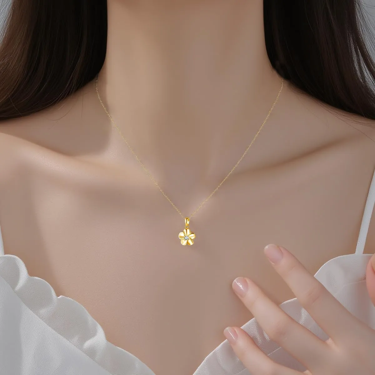 Reffeer Solid 925 Sterling Silver CZ Plumeria Flower Necklace Choker for Women Teens Flower Pendant Necklace