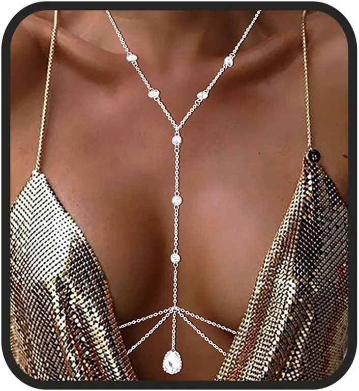 Rhinestone Body Chain Layered Body Jewelry Silver Shining Crystal Bra Chain Jewelry Waist Body Chains for Women