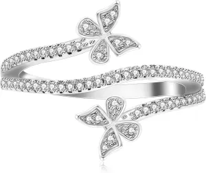 Rhinestone Butterfly Wrap Ring Statement Rings Sparkling Crystal Cubic Zirconia Engagement Promise Wedding Anniversary Ring Finger Band Dainty Jewelry Gifts for Women Girls|