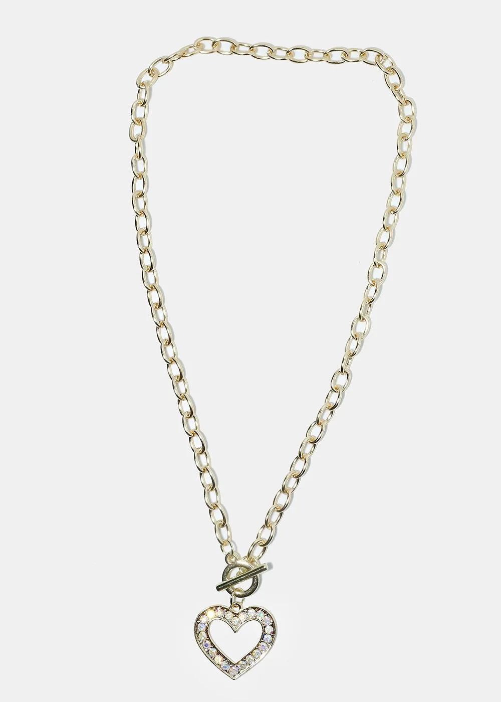 Rhinestone Studded Open Heart Chain Necklace